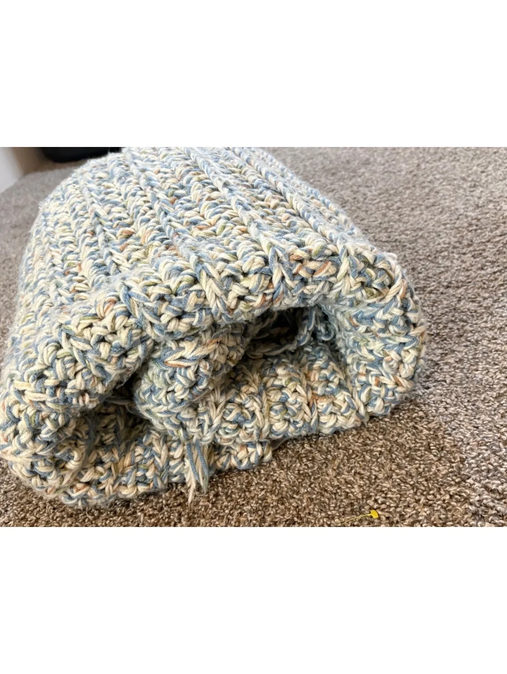 Handmade crochet blanket 84in by 50 in Heavyweight blue, sage, cream